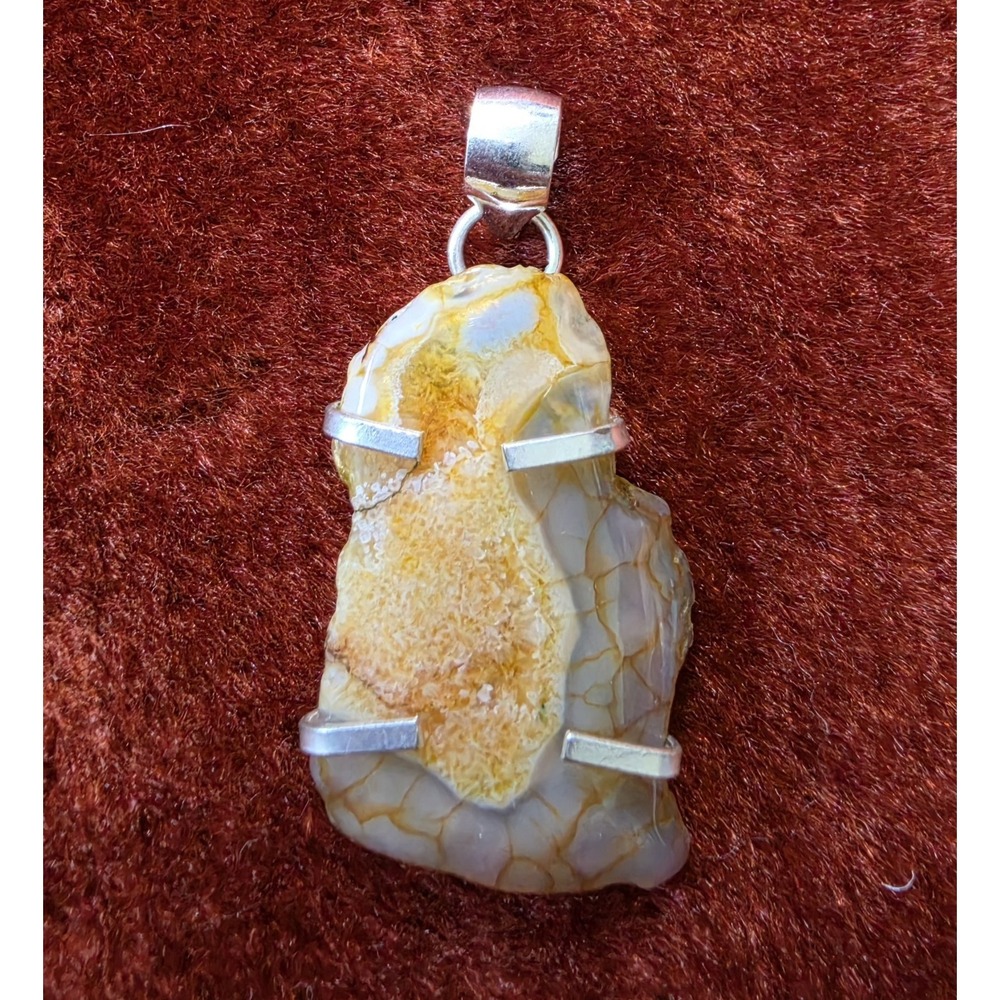 Vintage Sterling‎ Silver And Agate Pendant Charm Orange White Boho Crystal